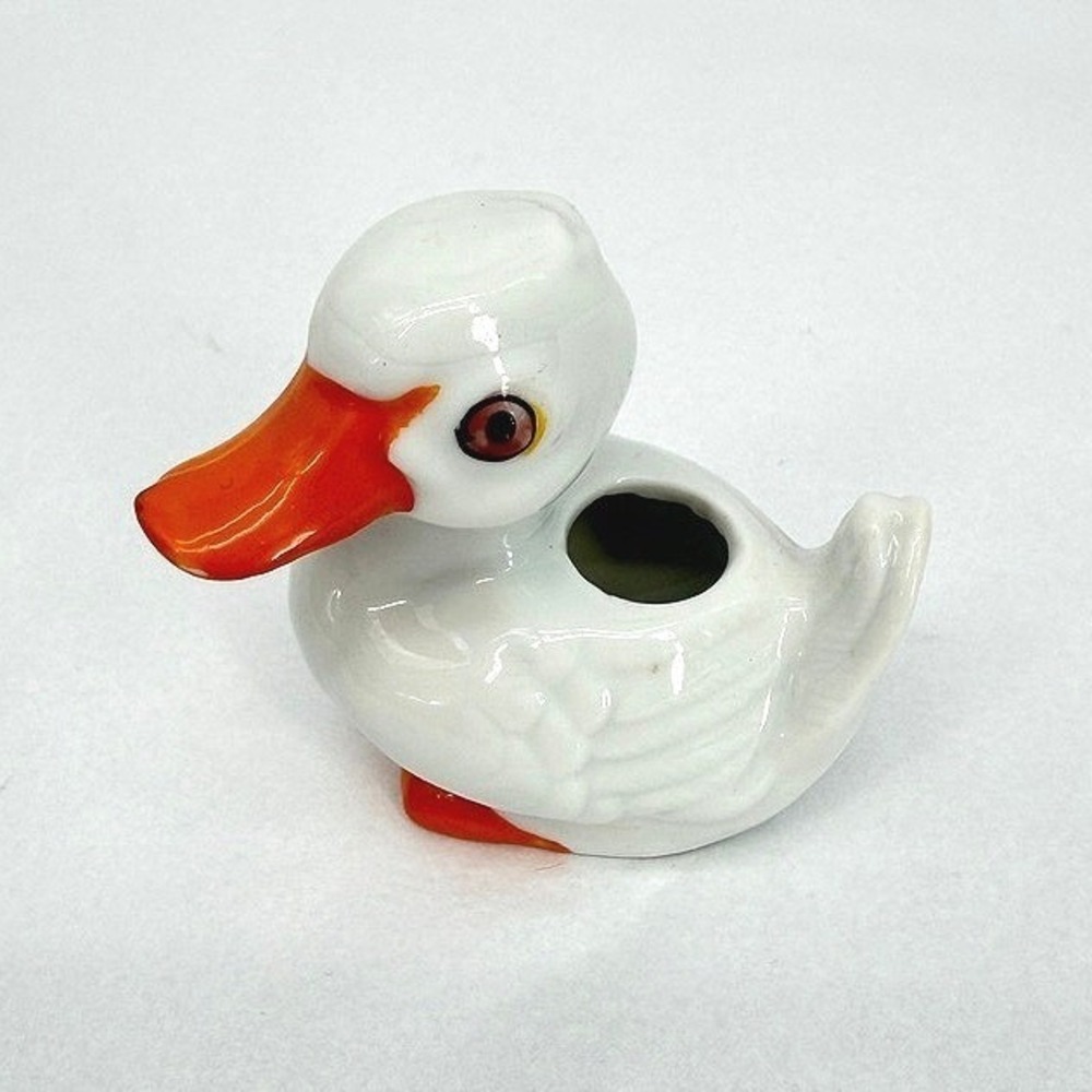 VTG Ceramic Duck Toothpick Holder White Orange Bird Figurine Decor Trinket